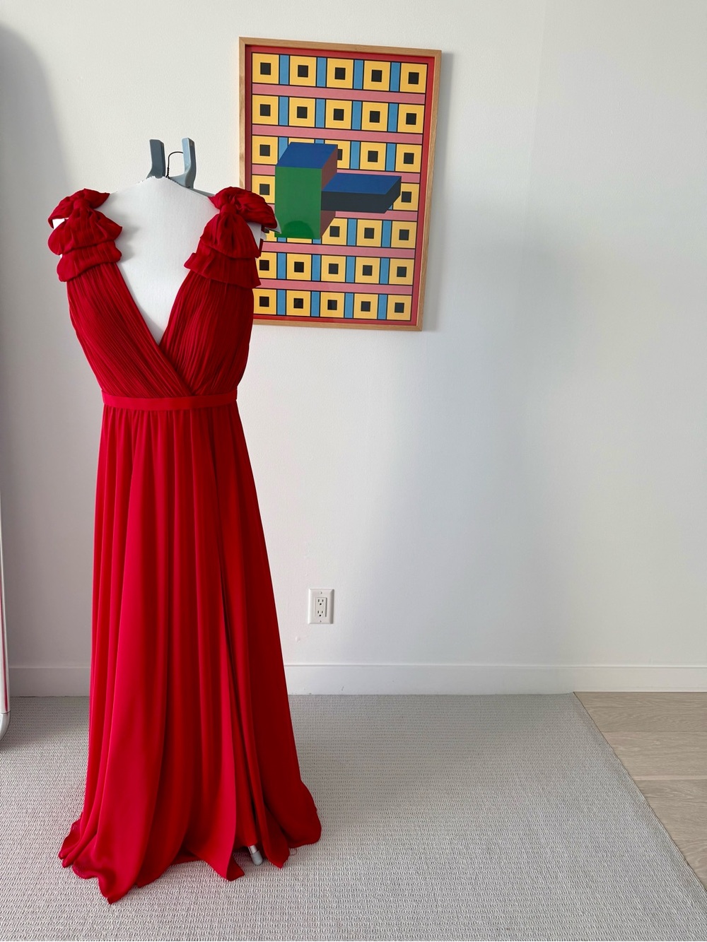 Elegant Red Ruffled Shoulder V-Neck Gown